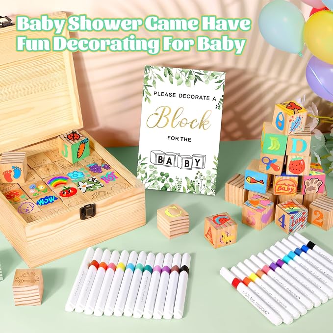 Baby Shower Blocks Game Set with Wooden Box, Acrylic Markers & Wooden Sign for Baby Shower Games, Gender Reveal & Decorations (GreenLeaves)