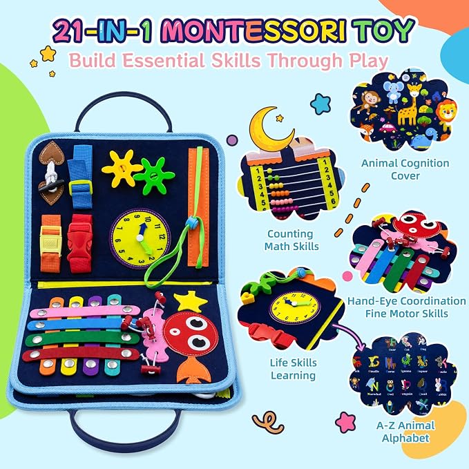 Montessori Busy Board for Toddlers 1-3, 4 Pages 15+ Activities Sensory Toy, ABC Numbers Colors Motor Skills Toy, Toddler Quiet Book Travel Toy, Preschool Educational for Boys Girls, Blue Zoo