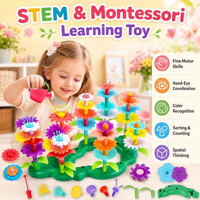 FUNZBO Flower Garden Building Toys Set - STEM Montessori Toys for Girls | Birthday Gifts for Age 3 4 5 6 7 8 9-12 Years Old Girl, Sorting & Stacking Spring Gardening Toy for Kids