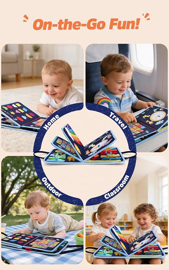 Toddler Busy Board Montessori Toys for 1-3 Year Old, Dinosaur Busy Book | Fine Motor Skills Sensory Toy with 23 Activities, Travel Toys for Airplane Car, Blue Gift for Boys Girls
