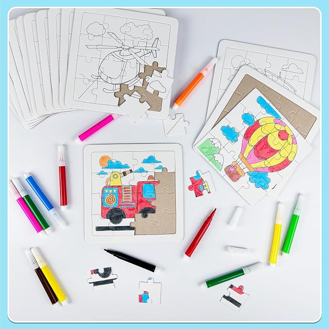 Cinrobiye 24 Pcs Transportation Coloring Puzzle Craft Kit, DIY Traffic Vehicle Jigsaw Puzzles Bulk with 12 Designs, Construction Truck Party Favors, Classroom Art Activities