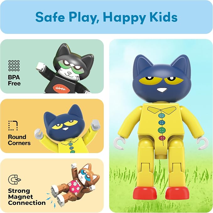 PicassoTiles 6pcs Pete the Cat Magnetic Figures Family Animal Action Character Toddler Toys Magnet Expansion Pack Building Blocks Add-on Educational STEM Learning Kit Construction Brain Tiles PTC01