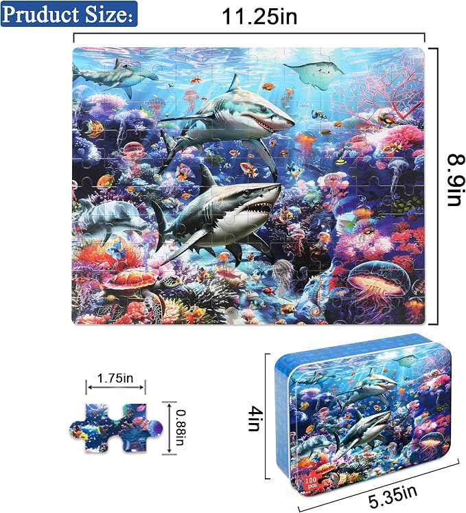 LELEMON Puzzles for Kids Ages 4-6 6-8 8-10 100 Pieces Jigsaw Puzzles for Kids Underwater World Ocean Learning Educational Puzzles Portable Box Pack Toy for Boys and Girls