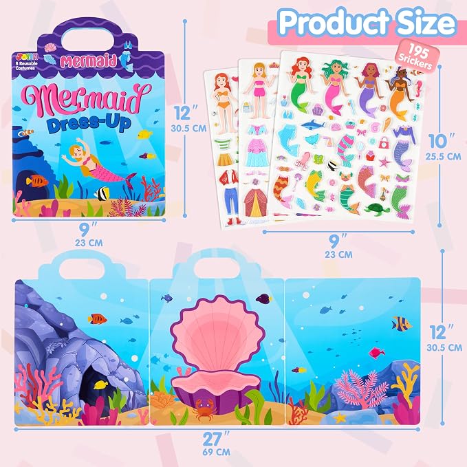 JOYIN 3-Pack Dress-Up Reusable Sticker Book for Toddlers, 3D Sticker Book for Kids 3 4 5, Travel Essentials, Airplane Activity Toys, Crafts Gifts, Birthday Gifts - Fashion, Mermaid, Princess