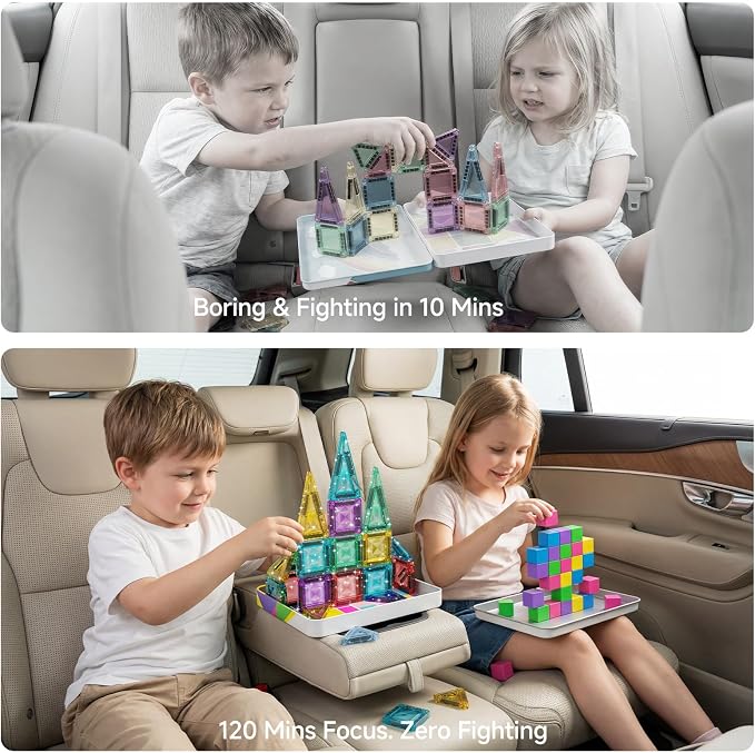 Magnetic Tiles Travel Toys Kids: 48PCS 3-in-1 Journey Blocks Set | Dual-Base Tin Holds 600+ Builds 120 Mins Focus 60s Cleanup - Quiet STEM Car Airplane Games for Toddlers Boys Girls Ages 3-8