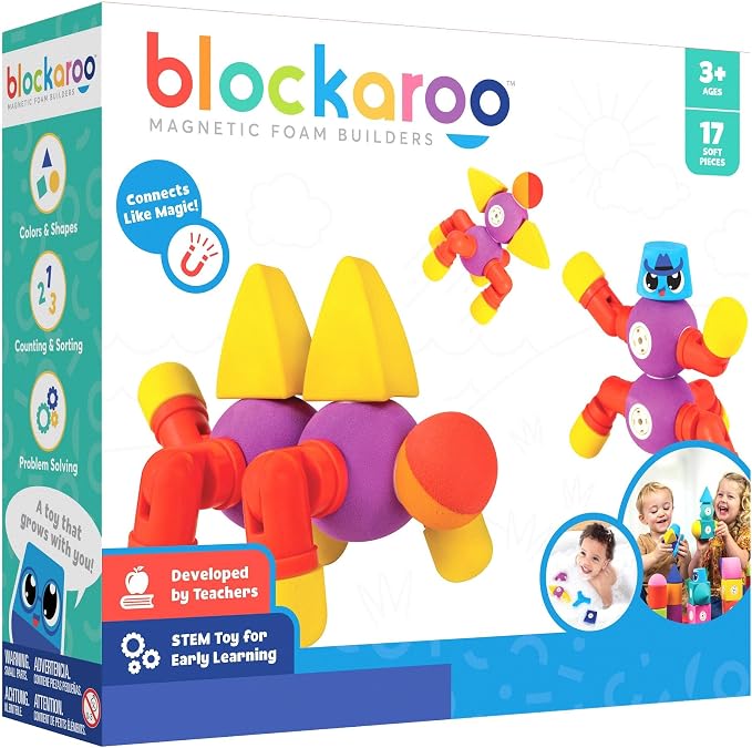Blockaroo Magnetic Foam Building Blocks 17-Piece Critter Set for Toddlers | Soft Magnetic Foam Blocks, 360-Degree Rotation, Floating Bath Toy, Sensory Play, Dishwasher Safe, STEM Building, Ages 3-5