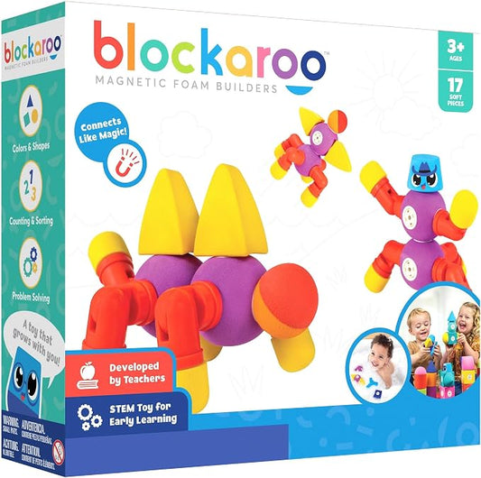 Blockaroo Magnetic Foam Building Blocks 17-Piece Critter Set for Toddlers | Soft Magnetic Foam Blocks, 360-Degree Rotation, Floating Bath Toy, Sensory Play, Dishwasher Safe, STEM Building, Ages 3-5