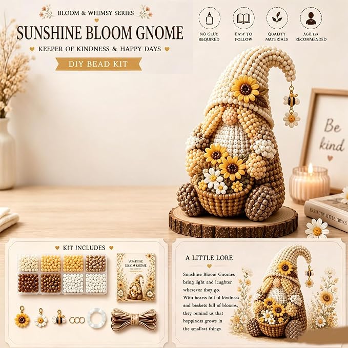 3D Beaded Gnome Craft Kit, 7.1in Non Slip Stable Structure Bead Threading Project Box, Handmade Gnome DIY Toy Set with Charms for Kids Ages 6 Plus Adults