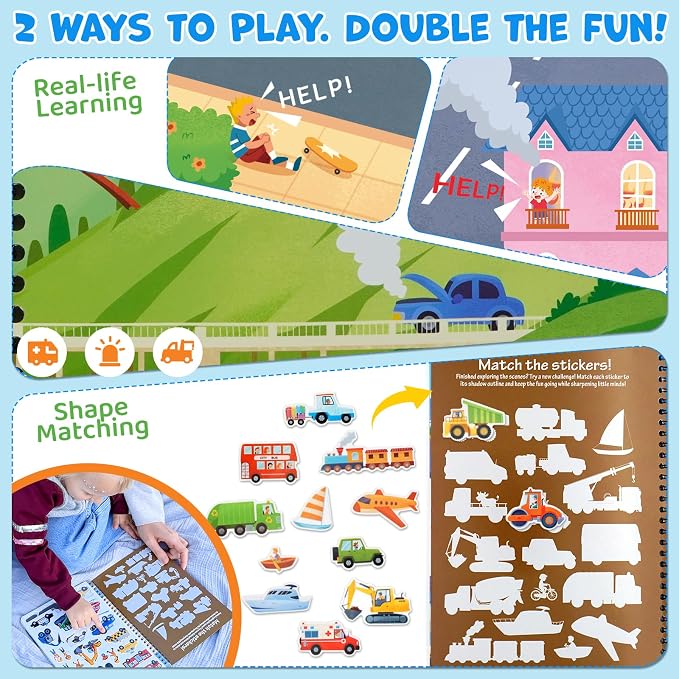 Reusable Sticker Book for Toddlers – Vehicles & Construction, 3 Sheets Washable Car Truck Jelly Stickers, 9 Play Scenes Sticker Activity Book for Kids, Road Trip Travel Toys