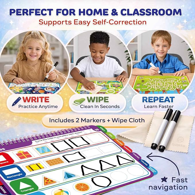 Busy Book for Toddlers 3-5 - Reusable Dry Erase Workbooks for Kids 4-6 | Adventure Search and Find Activity Pad - Toddler Workbook with Markers for Travel and Quiet Time
