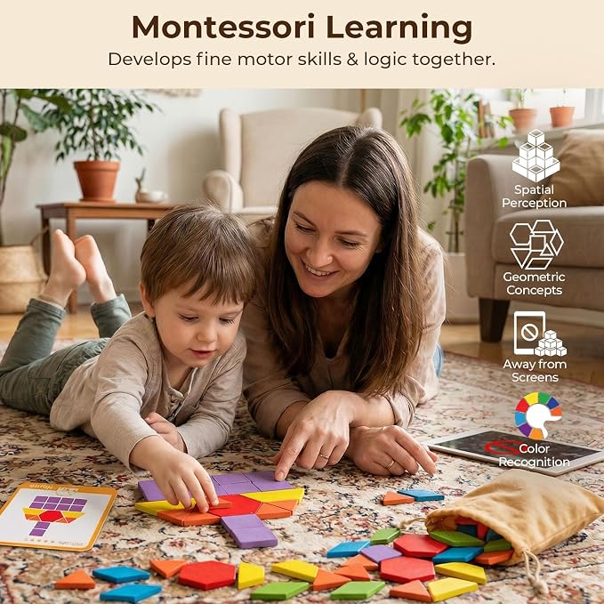 LovesTown 209 PCS Shapes Wooden Pattern Blocks for Kids, Geometric with Activity Cards and Storage Bag, Educational Tangram Puzzles,Great Learning Gift from Parents or Teachers (Pack of 2)