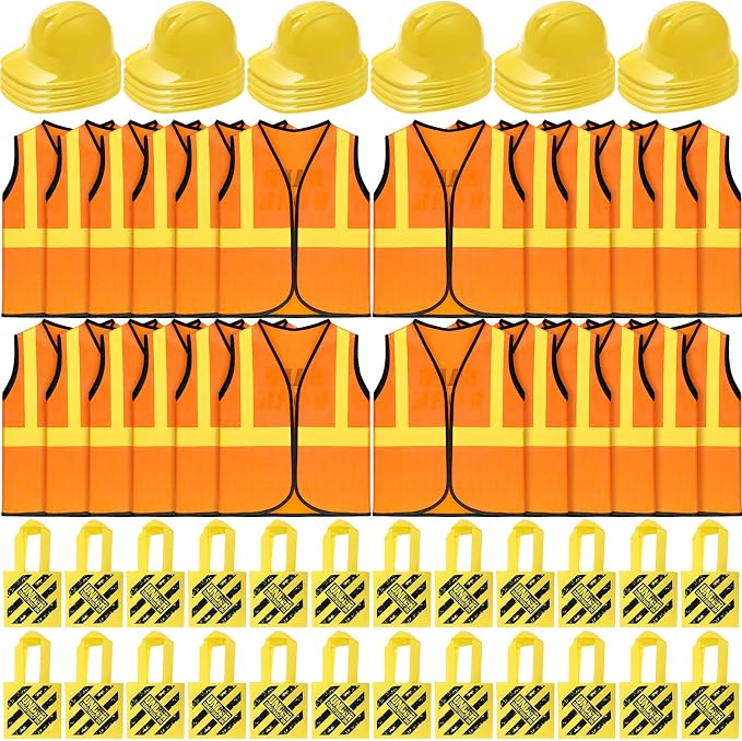 Hillban 72 Pcs Kids Construction Worker Costume, Construction Vests Set for Kids Including 24 Vests 24 Hats and 24 Tote Bags Theme Birthday Party Supplies for Birthday Party Costume Favor
