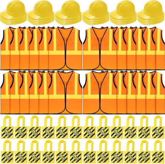 Hillban 72 Pcs Kids Construction Worker Costume, Construction Vests Set for Kids Including 24 Vests 24 Hats and 24 Tote Bags Theme Birthday Party Supplies for Birthday Party Costume Favor