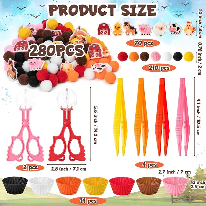 EZdhuawuse Farm Animals Sensory Bin Fillers - 301Pcs Summer Fine Motor Toys Sorting Stacking Toys for Kids, Felt Pig Horse Sheep Pom Poms Cup Clip for Preschool Education Early Development Activities