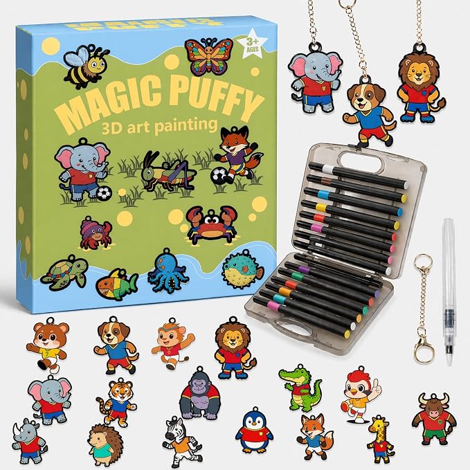 MWOMGLP Magic Foam Texture Painting Kit, 16 Pack DIY Puffy Foam Art Craft Set for Kids, 3D Sensory Painting Paper with Colorful Foam Sheets, Creative Gift for Boys Girls Ages 3+(Animal Fashion)