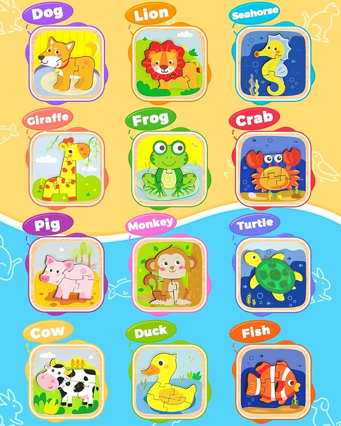 Benresive Wooden Toddler Puzzles, Montessori Toddler Toys for 1 2 Year Old | 12 Pcs Puzzles, 1 2 3 Year Old Girl Boy Great Gifts, Learning Educational Preschool Bolck Toys for 1 2 3 Year Old