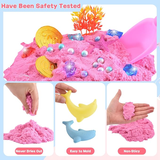 Volmop Sensory Bin for Girl, Play Sand Art Kit with Sandbox, 3.3lb Color Sand, Mermaid Tactile Sensory, Christmas Birthday Gift for Girl Toddler Ages 3-8