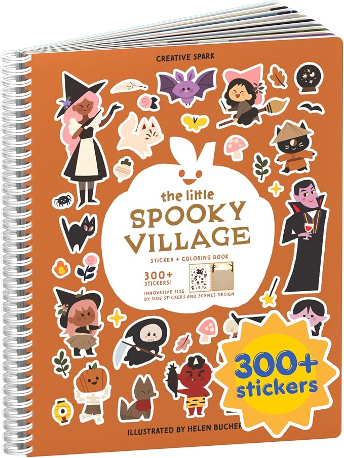 Cupkin Spooky Village Halloween Coloring & Sticker Book | 300+ Stickers | Spiral-bound kids craft format with 8 scenes, 8 art pages, side-by-side viewing, and an easy-peel design for ages 2–8