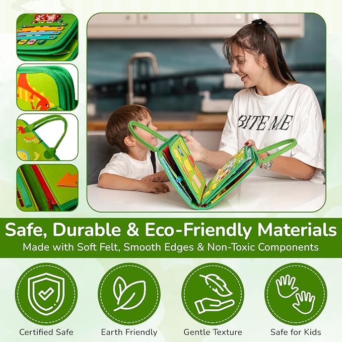 Solens Busy Book for Toddlers, Montessori Busy Board with 25+ Activities on 8 Pages and 3D Assorted Puzzles, Felt Activity Book with Numbers, Colors, Daily Life and Fine Motor Learning, Pink (Green)