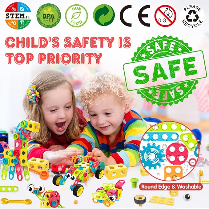 NXONE 195 PCS STEM Toys, Building Sets for Kids 3+ | Educational Building Toys for Boys and Girls Ages 3-10, Hands-On Learning, Electric Drill & Storage Box Included
