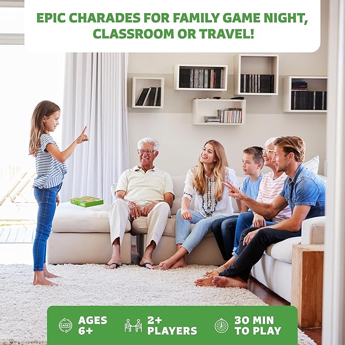 Epic Charades for Kids, Fun Family Game for Kids & Adults, 200 Cards | Act out & explain prompts, pictures for young kids, 3 difficulty levels, educational card game & board game for kids 8-12