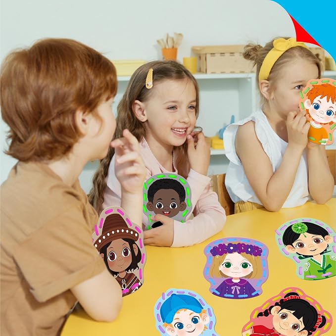 SpriteGru 9 Pieces Happy Face Lacing Cards, 9 Double Sided Color Sewing Cards with 9 Colorful Laces, Educational & Learning Activity Games, Imagination Development Lacing Toys for Preschoolers, Kids