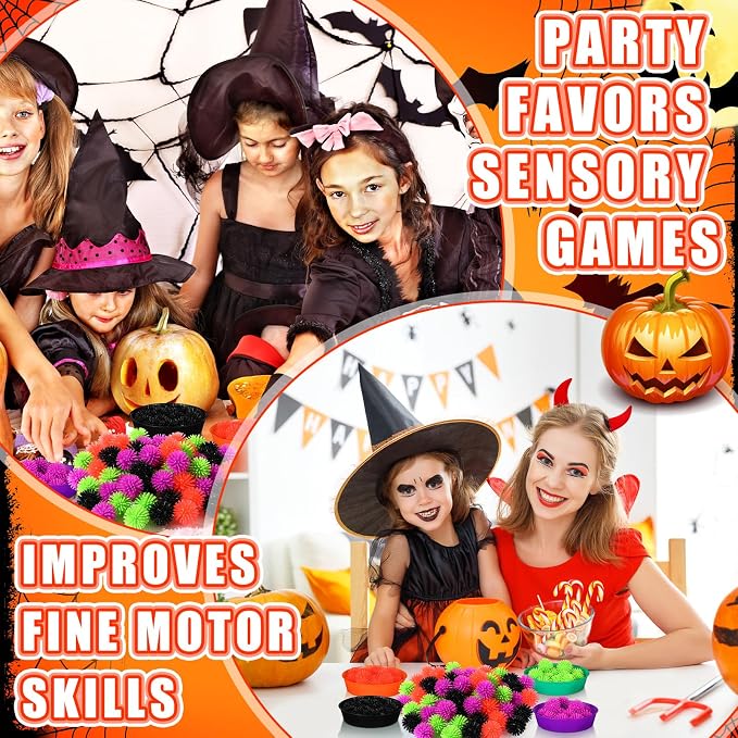 Leitee 71 Pcs Sensory Bin Filler,Black,Halloween | Hedge Balls Tweezers Clips Cups, Fine Skills Toys Set for Kids Counting Sorting, Sensory Bin Tools Preschool Learning