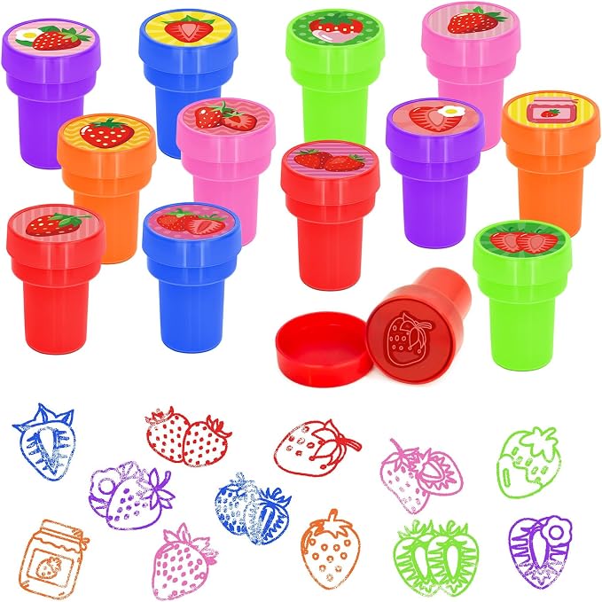 Cinrobiye 24 Pcs Strawberry Stampers Party Favors, Cute Fruit Pre Inked Stamps with 12 Sweet Berry Designs, Strawberry Birthday Party Supplies, Goodie Bag Fillers, Classroom Rewards, Carnival Prizes