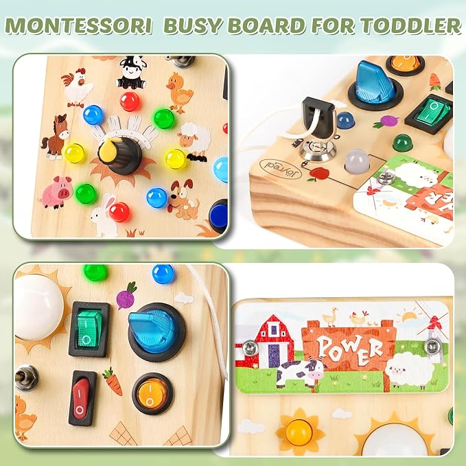 Joyreal Wooden Busy Board for Toddlers - Montessori Toys for 1 2 3 Year Old | Sensory Activity Board with 10 Switches & 19 Lights, Toddlers Activity Travel Toys for Boy & Girl Birthday Gift (Farm Theme)