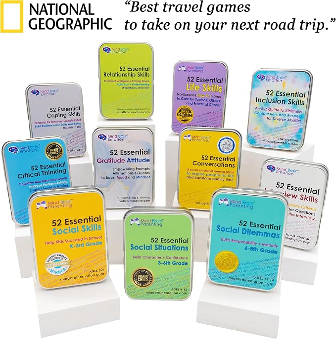 Mind Brain Emotion 52 Essential Coping Skills for Kids + Free Online Learning Library: CBT Calm Down Cards for Anxiety, Anger & Big Feelings - Emotional Regulation SEL Therapy Game, Ages 5-14
