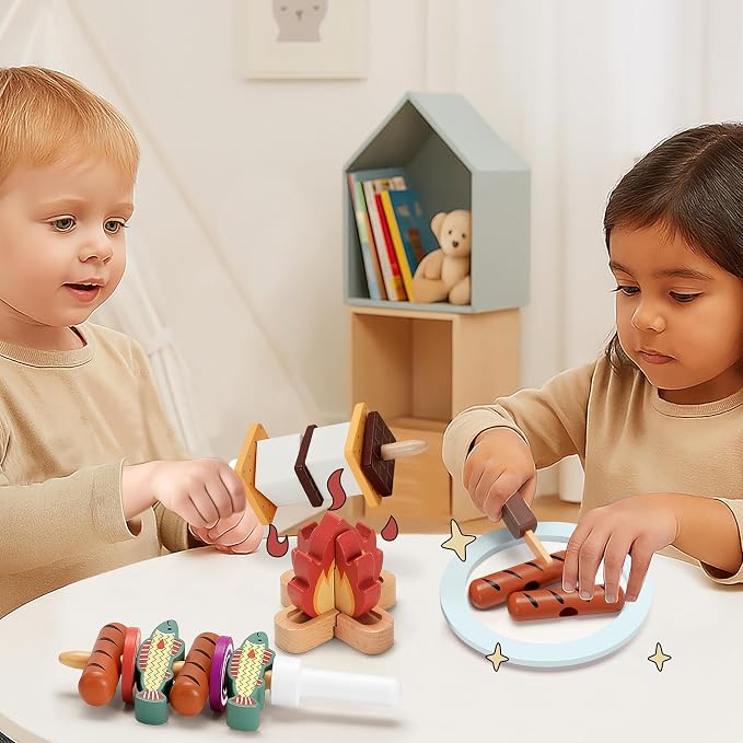 Pillowhale Wooden Campfire Playset – 25-Piece Kids S’Mores & Grill Pretend Camping Kitchen Toy, Glow-Look Fire, Skewers, Pan & Food, STEM Screen-Free Outdoor BBQ Gift for Boys & Girls Age 3+