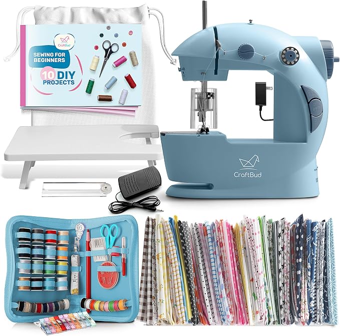 CraftBud Mini Sewing Machine for Beginners, Adults and Kids Sewing Machine | 122-Piece Sewing Kit Accessories, Portable, Dual Speed, Extension Table, Foot Pedal, Built-in Light, Guide Book & More, Blue