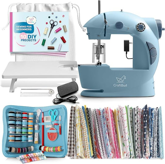 CraftBud Mini Sewing Machine for Beginners, Adults and Kids Sewing Machine | 122-Piece Sewing Kit Accessories, Portable, Dual Speed, Extension Table, Foot Pedal, Built-in Light, Guide Book & More, Blue