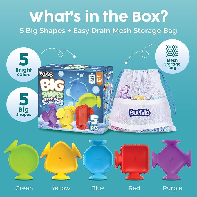 Bunmo Toddler Bath Toys - Best Montessori Toys for Kids Ages 1 2 3 4 Year Old Boys & Girls Gifts, Best Sensory Toy for Babies 12 Months +, No Hole Bath Toy for Kids Ages 1-3 & 2-4 (Big Shapes 5 Pack)