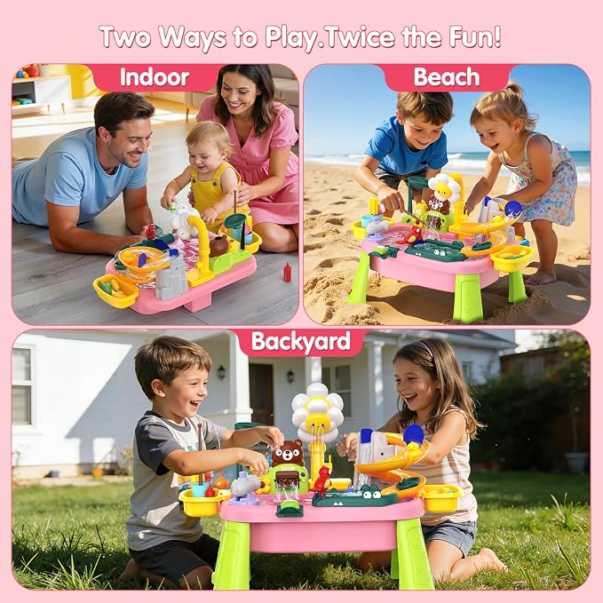 Water Table for Toddlers 1-3, Outdoor Toys for Kids Ages 4-8 with Pump, Kitchen Play Sink with Running Water, Fishing Toys Playset, Summer Outside Sand Water Sensory Activity Pool Toys Gifts, Pink