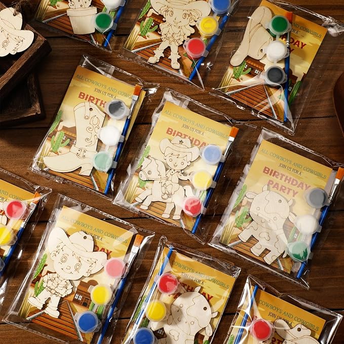 Saypacck 24 Pcs Cowboy Party Favors Wooden Paint Craft Kits | Rodeo Birthday Supplies, Cowgirl Theme Crafts, Western Party Activity, Thank You Gifts, Organza Bags for Goodie Fillers