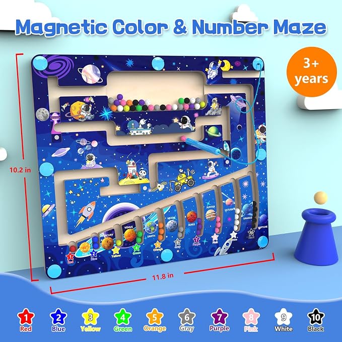 MTYOKILN Magnetic Color and Number Maze - Montessori Toy for 3 4 5 Year Old | Wooden Color Matching Learning Counting Puzzle Board for Toddler Kids