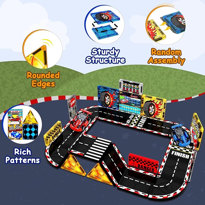 Magnetic Tiles Road Set | Magnet Tiles Race Track, Magnetic Car Racing Tile for Kids Ages 4-8 5-7, Magnetic Tile Rails Building Toys STEM Learning Sensory Birthday Gifts for 3+ Years Old Boys Girls