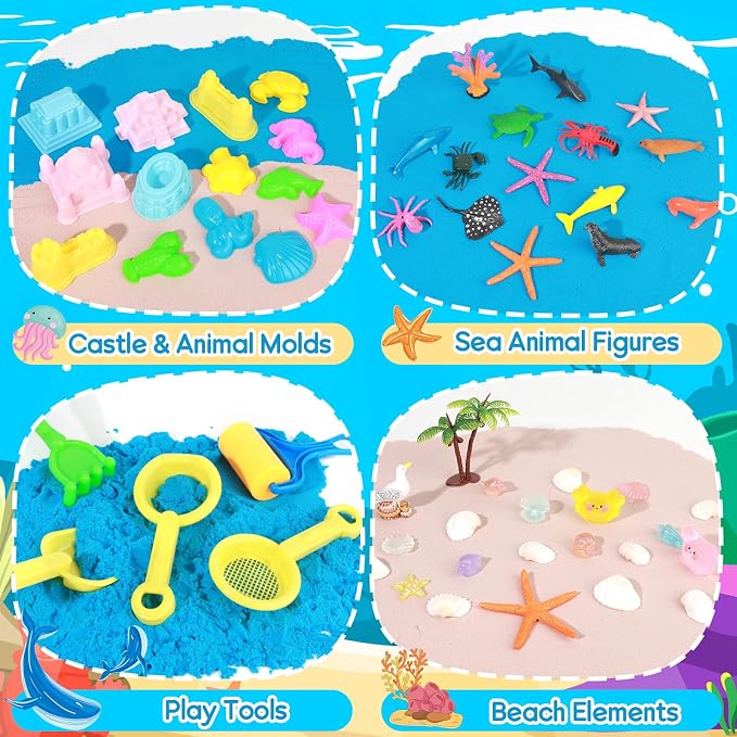 Mikiwon Ocean Sensory Bin, Sandbox Play Sand Art Kit with 3.3lbs Play Sand, Sea Animal Toys Molds, Sensory Play for Girls Boys Age 3 4 5 6 7 8, Beach Toys for Kids Xmas Birthday Gifts