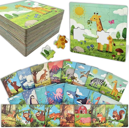 Puzzles for Kids Ages, 24 Pack 16 Pieces Jigsaw Puzzles | With Base Board, Individually Wrapped, Animal Educational Toys, Party Favors Birthday Gifts Classroom Rewards
