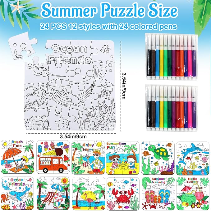 24Set Summer Arts & Crafts for Kids Adults Bulk, Hawaiian Summer Activity DIY Puzzle Kit with Beach Tropical Palm Tree, Luau Ocean Theme Painting for Classroom Party Favors Gift Coloring Game Supplies