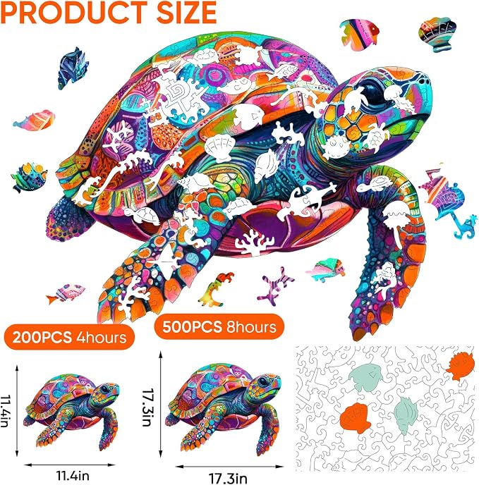 Mys Aurora Colorful Turtle Puzzles for Adults 500 Pieces Ocean Wood Puzzles | 5MM Thick Wooden Jigsaw Puzzles, Unique Shape Puzzle for Adults and Kids Birthday Gifts Family Game 17.3 * 17.3 inches