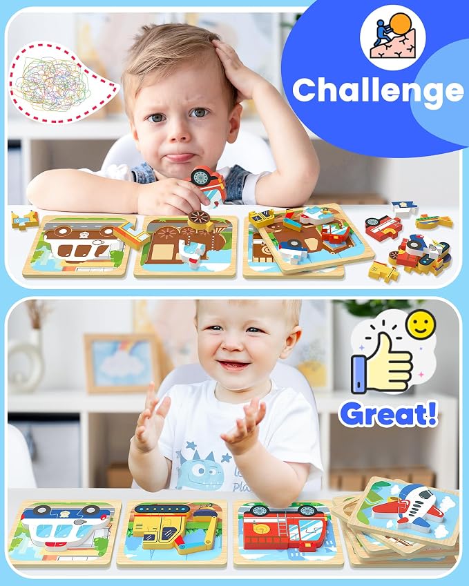 Benresive Wooden Toddler Puzzles, Toddler Toys, 1 2 Year Old Boy Girl Gift | 8 Pack Vehicle Montessori Toys for 1 2 Year Old, Preschool Educational Learning Toy, Great Birthday Gifts for Boys Girls