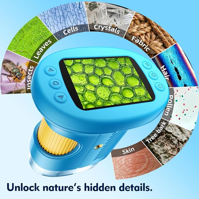 Odatay 4K 1000X Digital Microscope for Kids with 32G Card, Long Distance Viewing & 2.4" Screen Portable Handheld Edu Toys for Age 3-12 Exploring Bugs Plants at Home Classroom & Outdoor Travel, White