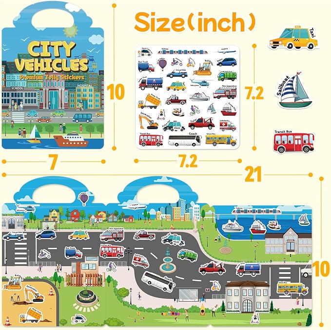 Reusable Sticker Book for Toddlers 3-6, Jelly Stickers for Kids, Sticker Activity Book Travel Toys for Car & Airplane, Educational Learning Gifts for Boys and Girls (Vehicles Cars theme)