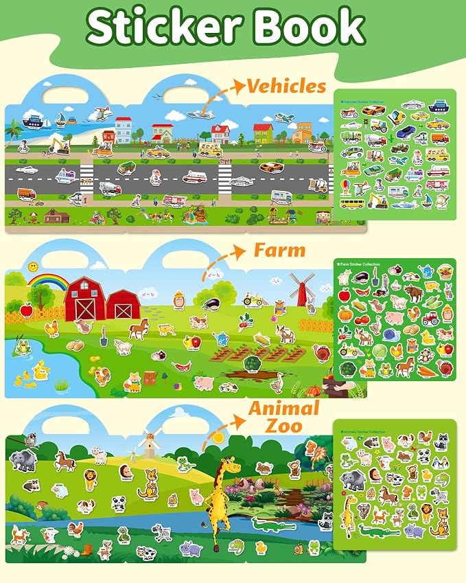 Walenced Reusable Sticker Book for Toddlers, Stickers for Kids, Toddler Toy | Toddler Craft Activities, Toddler Travel Toys, Boy Girl Birthday Gifts, Airplane Travel & Road Trip Essentials Kids