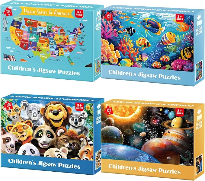 Jeacirio 4 Pack 100 Piece Puzzles for Kids Ages 4-6 6-8 8-10, Educational Jigsaw Puzzles for Kids, USA Map Ocean Animals Space Wild Animals Puzzle Set, Learning Toys Gifts for Boys Girls