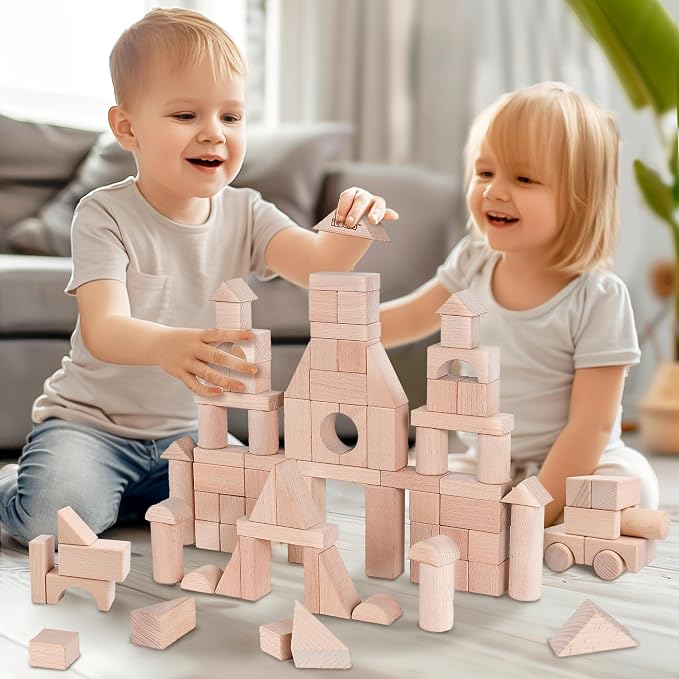 iPlay, iLearn Kid Wooden Building Block Toy Set, Toddler Natural Wood Block | Baby Montessori Learning Toy, Large Hardwood Stacking Brick Castle, Preschool Classroom Gift 2 3-5 8 Year Old Boy Girl Child
