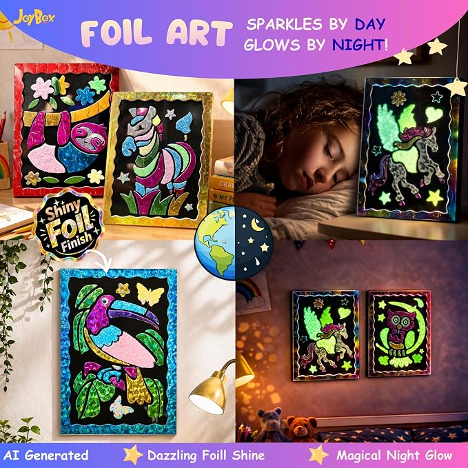 JoyBox Foil Fun–DIYKids Paper Foil Art Craft Kit for&Travel Screen-Free Fun | Birthday Party Gifts for Ages 4-9 and Up,Art Travel Toys for Boys Girlsmagical unicorn‑themedincludes glow‑in‑the‑dark