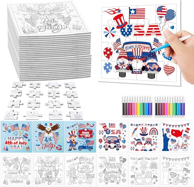 Fennoral 24 Pack 4th of July Patriotic Puzzle Craft Kit for Kids | Color Your Own jigsaw puzzle with base, 4.7‑inch, DIY Independence Day art, classroom activity, party favor supplies